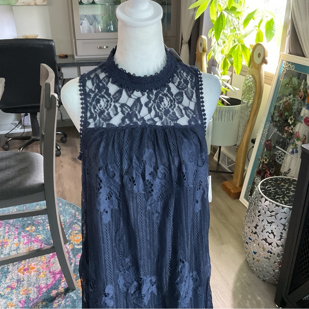 Chic Navy Lace Halter Dress - Picture 3 of 7